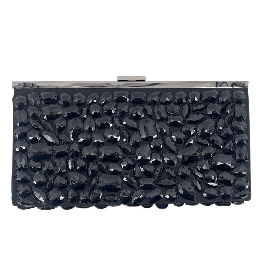 White House Black Market Black Faceted Beaded Evening Clutch Hard Case - Picture 1 of 11
